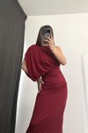 Bordo Uzun Tek Omuzlu Drapeli Abiye Elbise