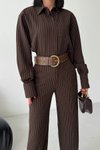 Kahverengi Çizgili Gömlek Pantolon İkili Takım