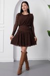 Kahverengi Dantel Güpürlü Mini Bel Detaylı Elbise