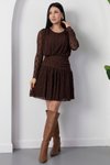 Kahverengi Dantel Güpürlü Mini Bel Detaylı Elbise