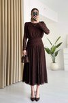 Kahverengi Dantel Güpürlü Uzun Bel Detaylı Elbise
