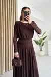 Kahverengi Dantel Güpürlü Uzun Bel Detaylı Elbise