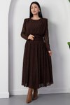 Kahverengi Dantel Uzun Bisiklet Yaka Bel Detaylı Elbise