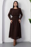 Kahverengi Dantel Uzun Bisiklet Yaka Bel Detaylı Elbise