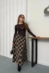 Kahverengi Ekose Desenli Uzun Kemer Detaylı Etek