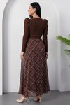 Kahverengi Ekose Desenli Uzun Kruvaze Yaka Kemerli Elbise