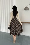 Kahverengi Ekose Midi Kemerli Çan Etek