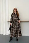 Long Plaid Tie-Waist Shirt Dress - Brown