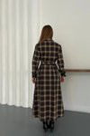 Kahverengi Ekose Uzun Belden Bağlamalı Gömlek Elbise