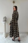 Kahverengi Ekose Uzun Gömlek Bel Kuşaklı Cepli Elbise