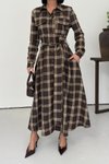 Kahverengi Ekose Uzun Kuşaklı Gömlek Elbise