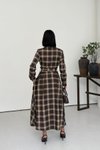 Kahverengi Ekose Uzun Kuşaklı Gömlek Elbise