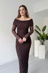 Kahverengi Güpür Desenli Uzun Madonna Yaka Elbise