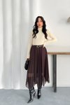 Kahverengi Midi Asimetrik Kesim İç Astarlı Tül Etek