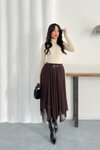 Kahverengi Midi Asimetrik Kesim İç Astarlı Tül Etek