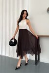 Kahverengi Midi Asimetrik Kesim Taşlı Tül Etek
