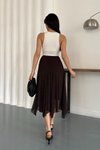 Kahverengi Midi Asimetrik Kesim Taşlı Tül Etek