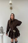 Kahverengi Mini Gömlek Beli Kemerli Dantel Elbise
