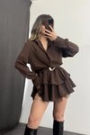 Kahverengi Mini Gömlek Kemer Detaylı Elbise