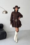 Kahverengi Mini Gömlek Kemerli Dantel Detaylı Elbise