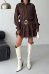Kahverengi Mini Gömlek Kemerli Dantel Detaylı Elbise