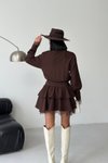 Kahverengi Mini Gömlek Kemerli Dantel Detaylı Elbise