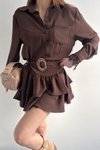 Kahverengi Mini Şifon Gömlek Elbise