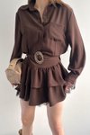 Kahverengi Mini Şifon Gömlek Elbise