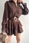 Kahverengi Mini Şifon Gömlek Elbise