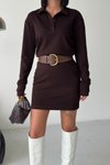 Kahverengi Modal Mini Polo Yaka Bel Drape Detaylı Elbise