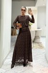 Kahverengi Uzun Dantel Güpürlü Elbise