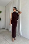 Kahverengi Uzun Dökümlü Tek Omuz Drape Detaylı Abiye Elbise