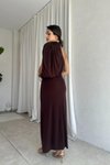 Kahverengi Uzun Dökümlü Tek Omuz Drape Detaylı Abiye Elbise