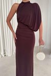 Kahverengi Uzun Dökümlü Tek Omuzlu Drape Detaylı Abiye Elbise