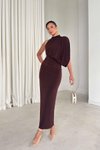 Kahverengi Uzun Dökümlü Tek Omuzlu Drape Detaylı Abiye Elbise