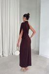 Kahverengi Uzun Dökümlü Tek Omuzlu Drape Detaylı Abiye Elbise