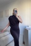 Kahverengi Uzun Tek Omuz Drape Detay Abiye Elbise