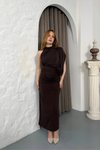 Kahverengi Uzun Tek Omuzlu Drape Detaylı Abiye Elbise