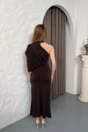 Kahverengi Uzun Tek Omuzlu Drape Detaylı Abiye Elbise