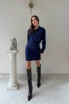Lacivert Mini Polo Yaka Bel Drape Detaylı Elbise