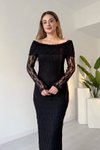 Siyah Dantel Güpür Desenli Uzun Madonna Yaka Elbise