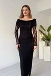 Siyah Dantel Güpür Desenli Uzun Madonna Yaka Elbise