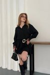 Siyah Dantelli Mini Gömlek Kemer Aksesuar Detaylı Şifon Elbise