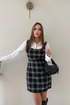 Siyah Ekose Desen Mini Askılı Gömlekli Elbise
