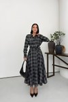Siyah Ekose Desenli Uzun Kuşaklı Gömlek Elbise
