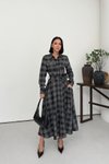 Siyah Ekose Desenli Uzun Kuşaklı Gömlek Elbise