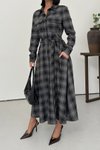 Siyah Ekose Desenli Uzun Kuşaklı Gömlek Elbise