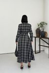 Siyah Ekose Desenli Uzun Kuşaklı Gömlek Elbise