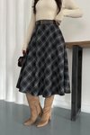 Siyah Ekose Midi Çan Kemerli Etek