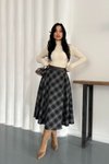 Siyah Ekose Midi Çan Kemerli Etek